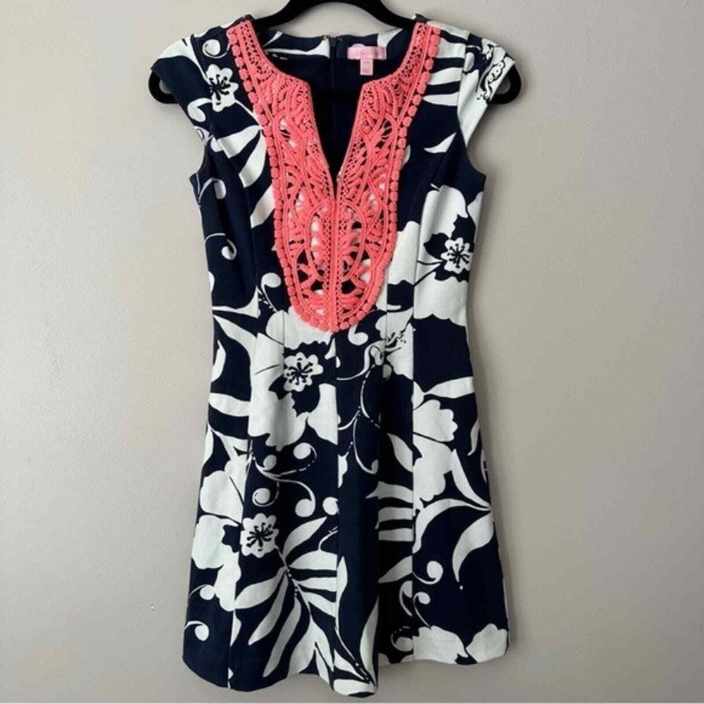 Lilly Pulitzer Floral Dress Coral Lace Trim Sleeveless Party XXS
